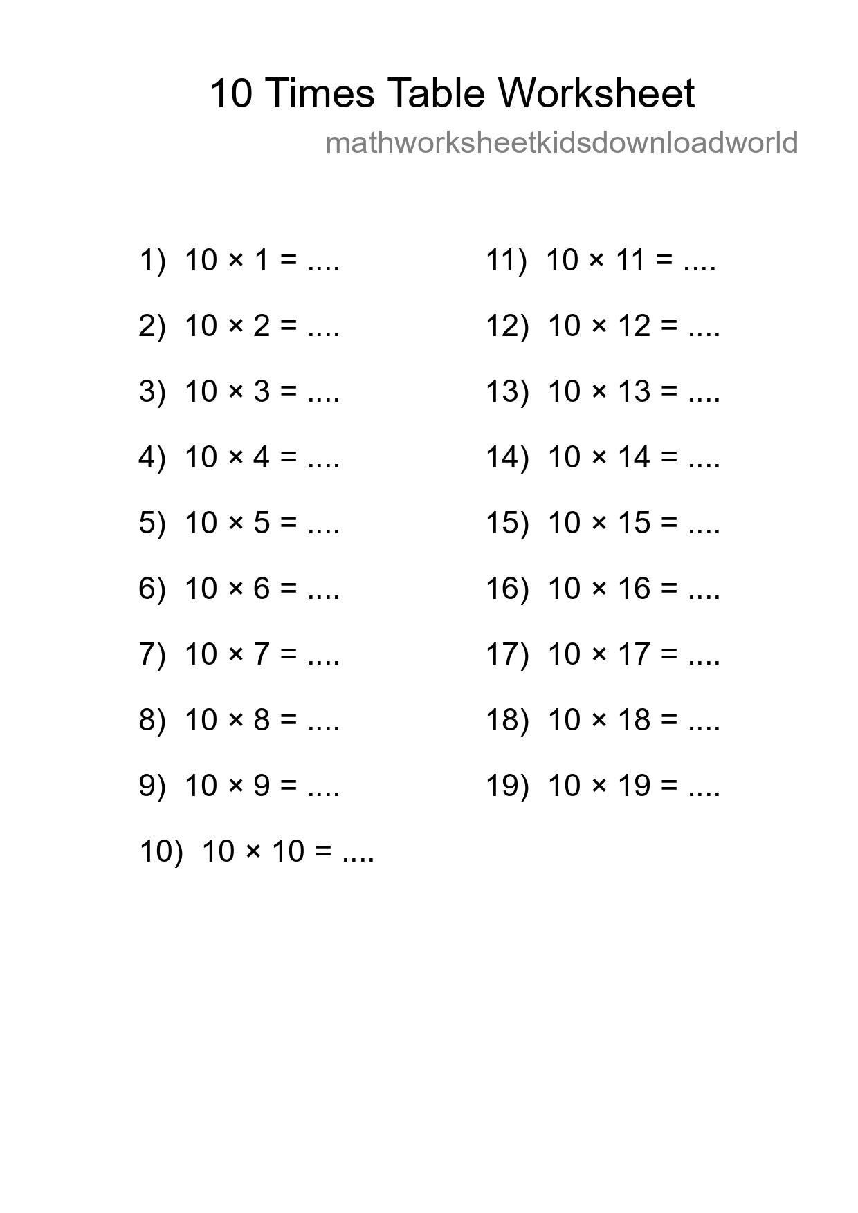 10 Times Table Worksheet For Grade 3 - Part 42
