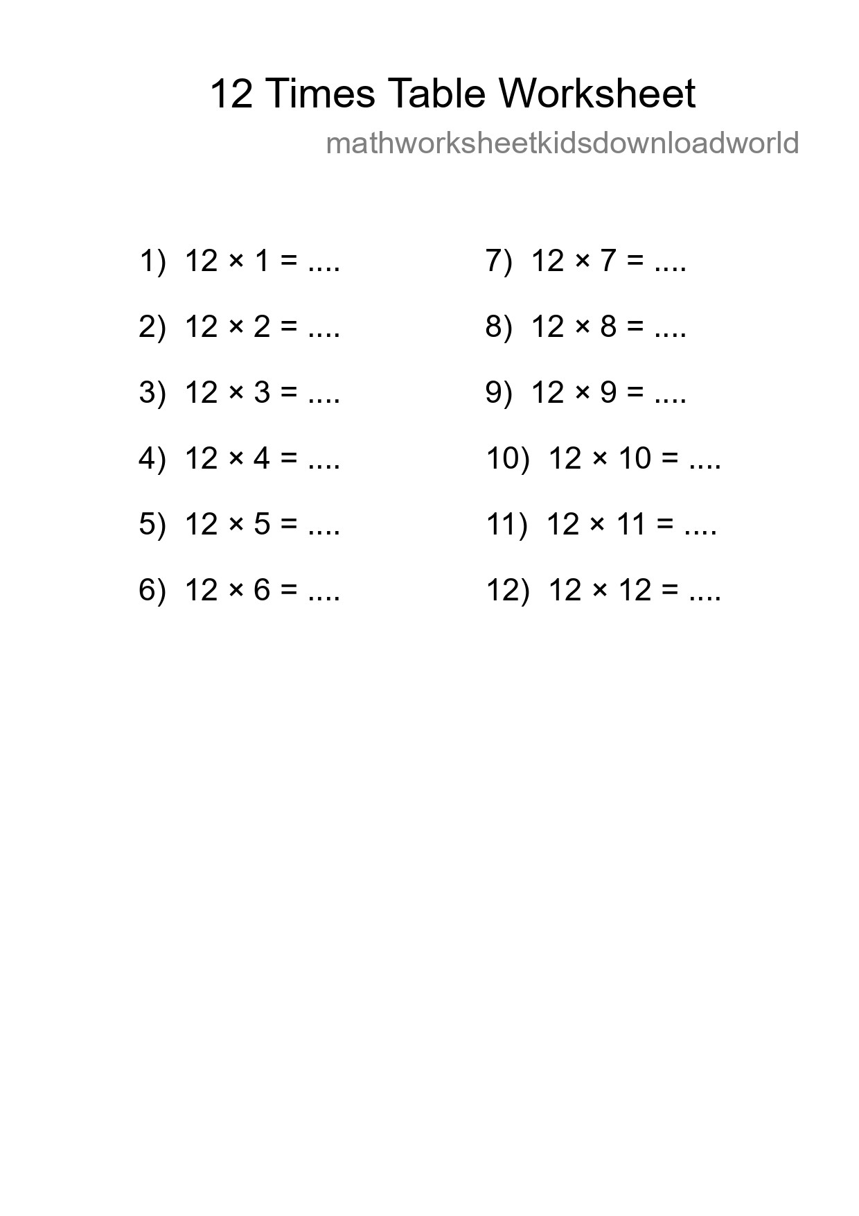 12 Times Table Worksheet For Grade 4 - Part 64