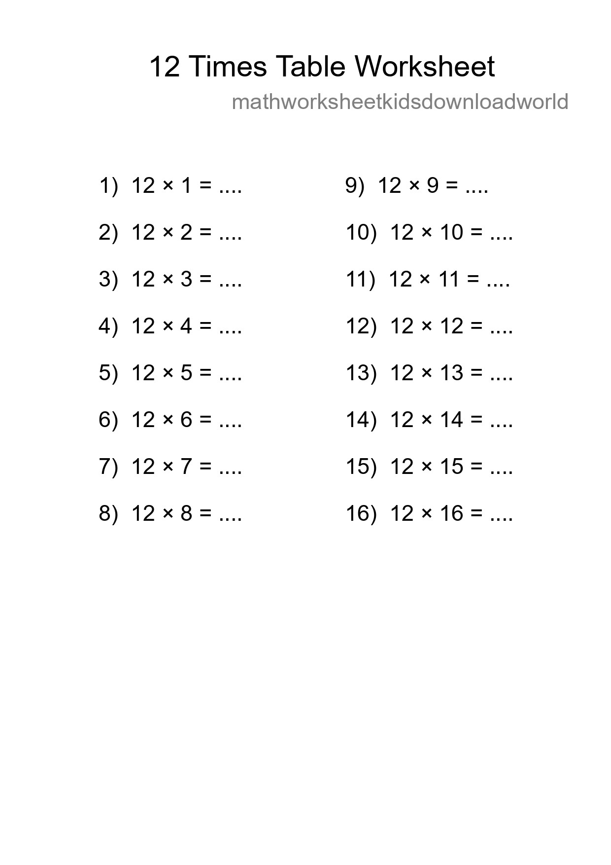 12 Times Table Worksheet For Grade 4 With Answers - Part 108