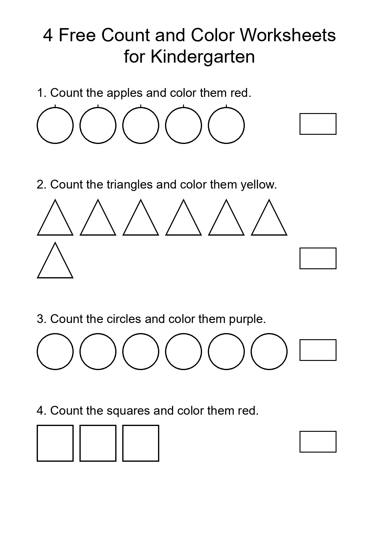 4 Free Count and Color Worksheets for Kindergarten