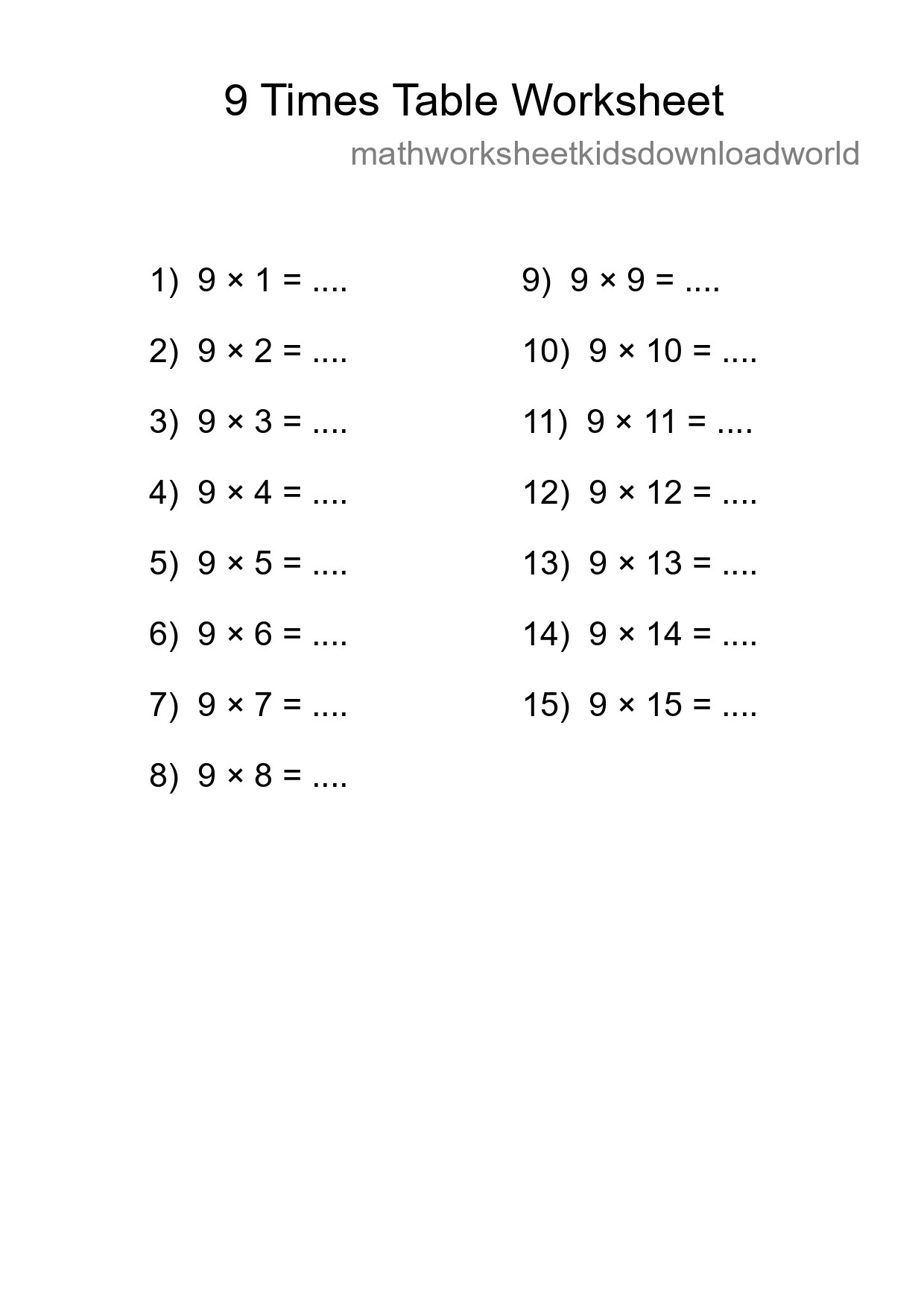 9 Times Table Worksheet For Grade 3 - Part 196