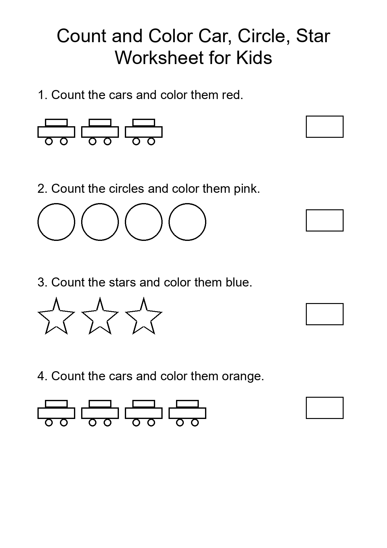 Count and Color Car, Circle, Star Worksheet for Kids