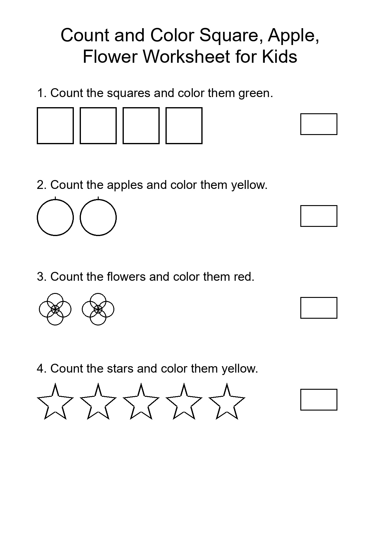 Count and Color Square, Apple, Flower Worksheet for Kids
