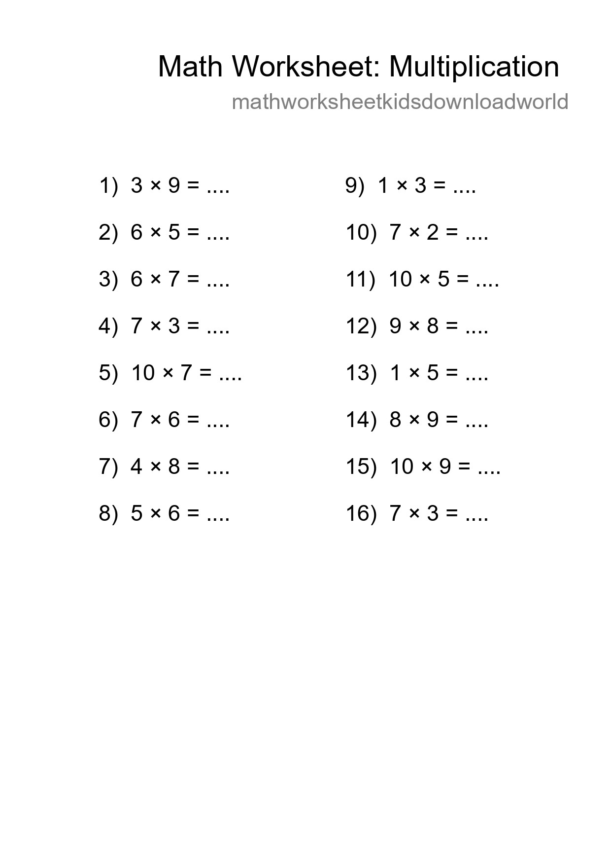 Free 16 Multiplication Math Worksheet For Grade 1 With Answers - Part 172