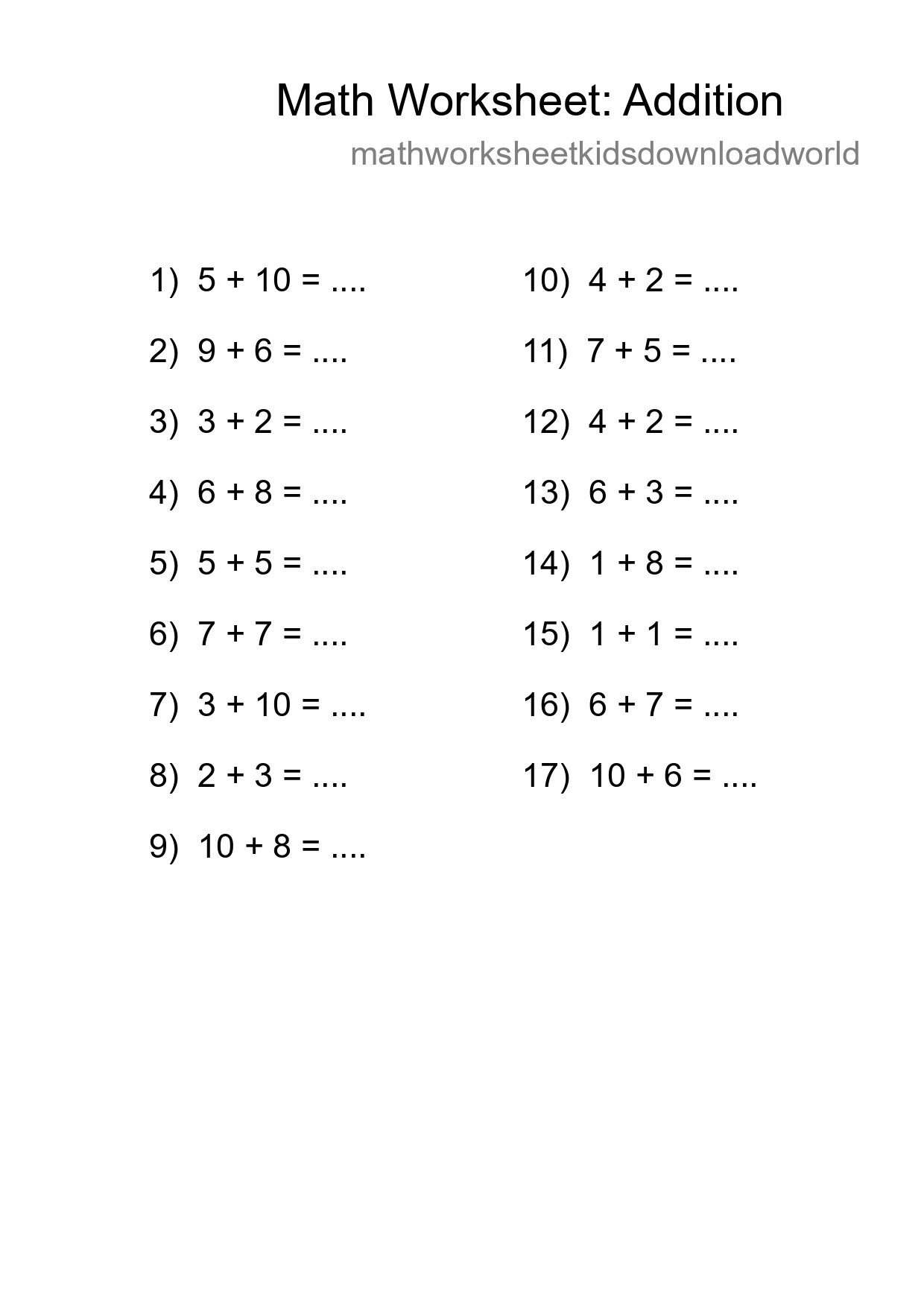 Free 17 Addition Math Worksheet For Grade 1 - Part 111