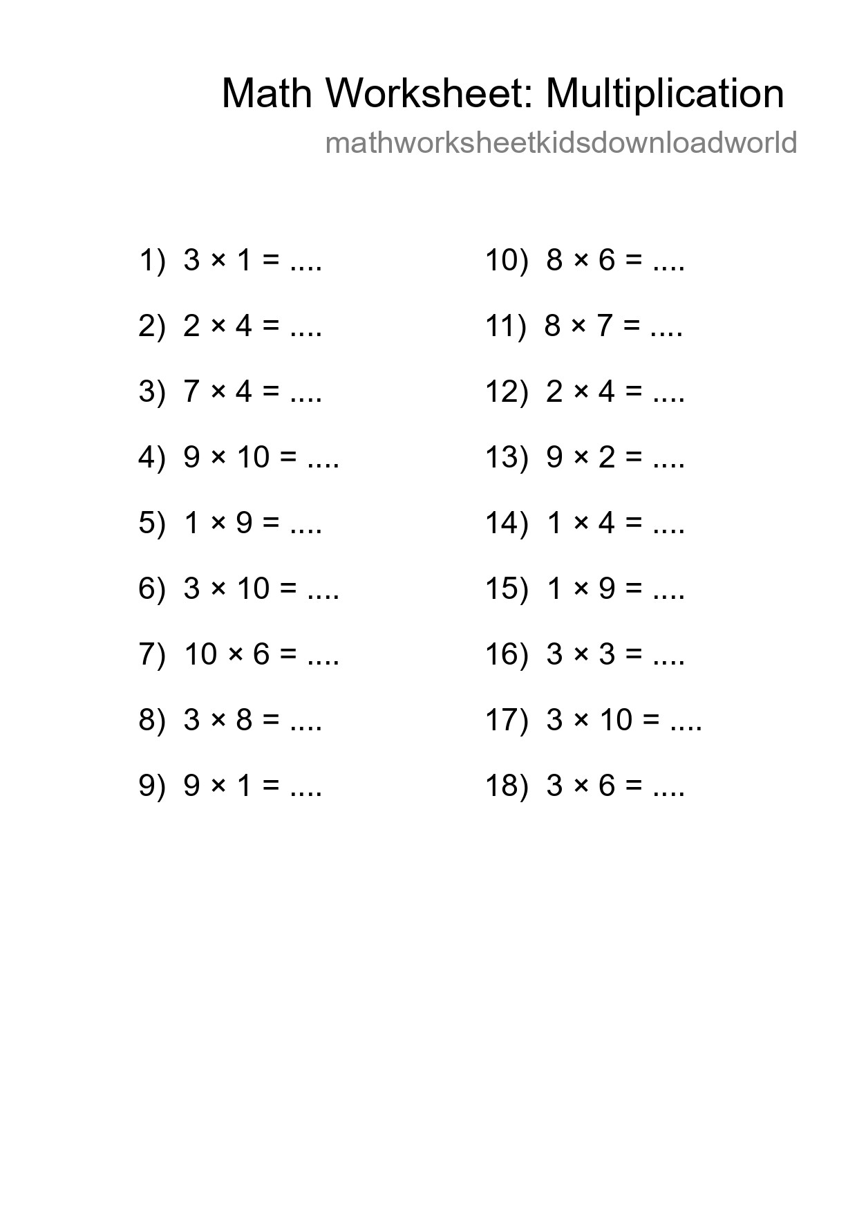 Free 18 Multiplication Math Worksheet For Grade 1 - Part 7