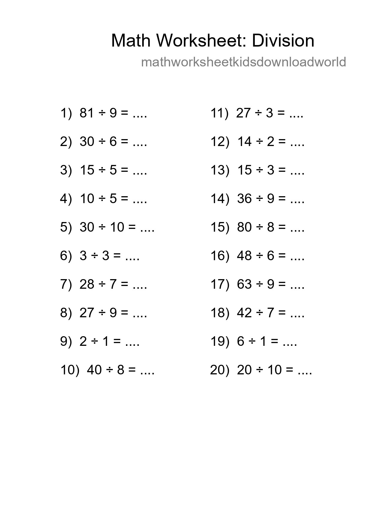 Free 20 Division Math Worksheet For Grade 1 - Part 202