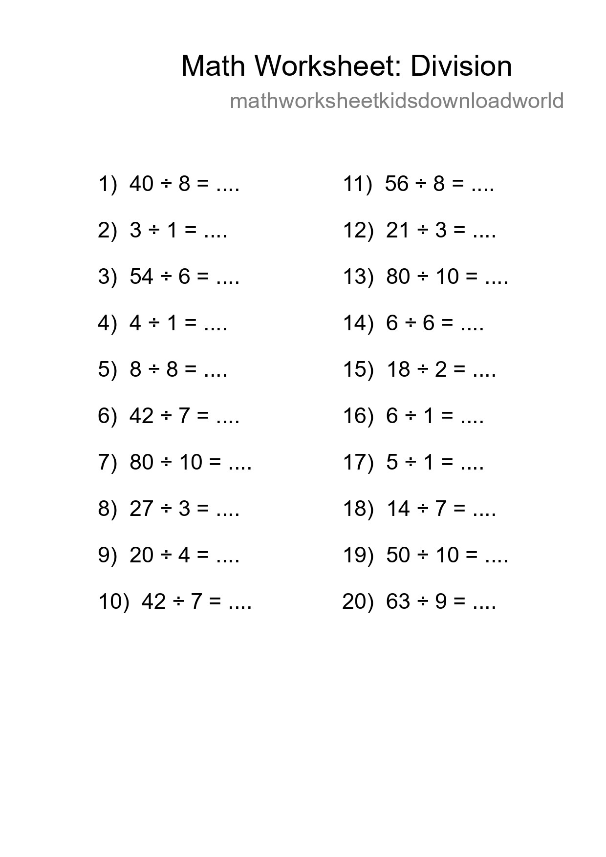 Free 20 Division Math Worksheet For Grade 1 With Answers - Part 114