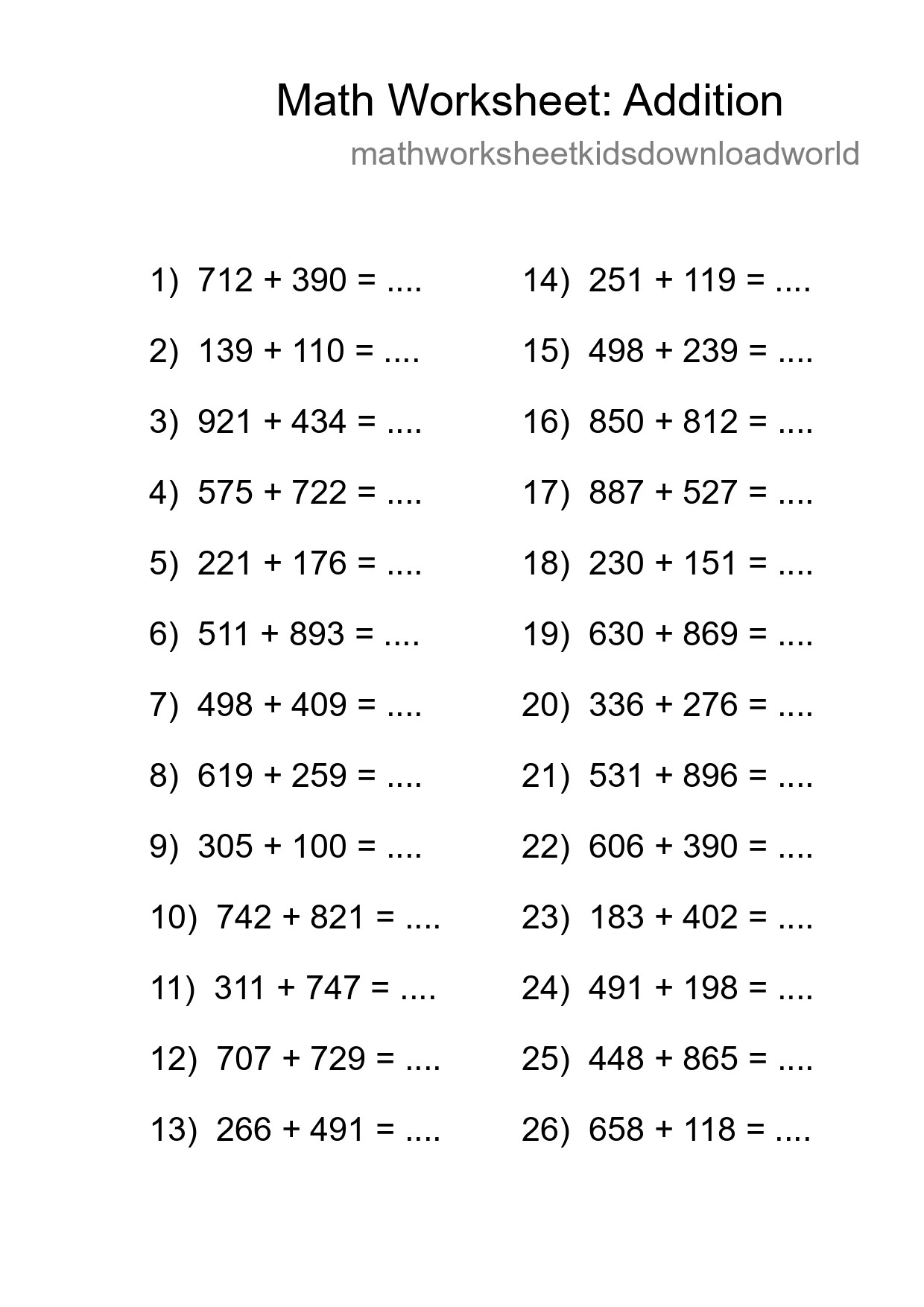 Free 26 Addition Math Worksheet For Grade 5 With Answers