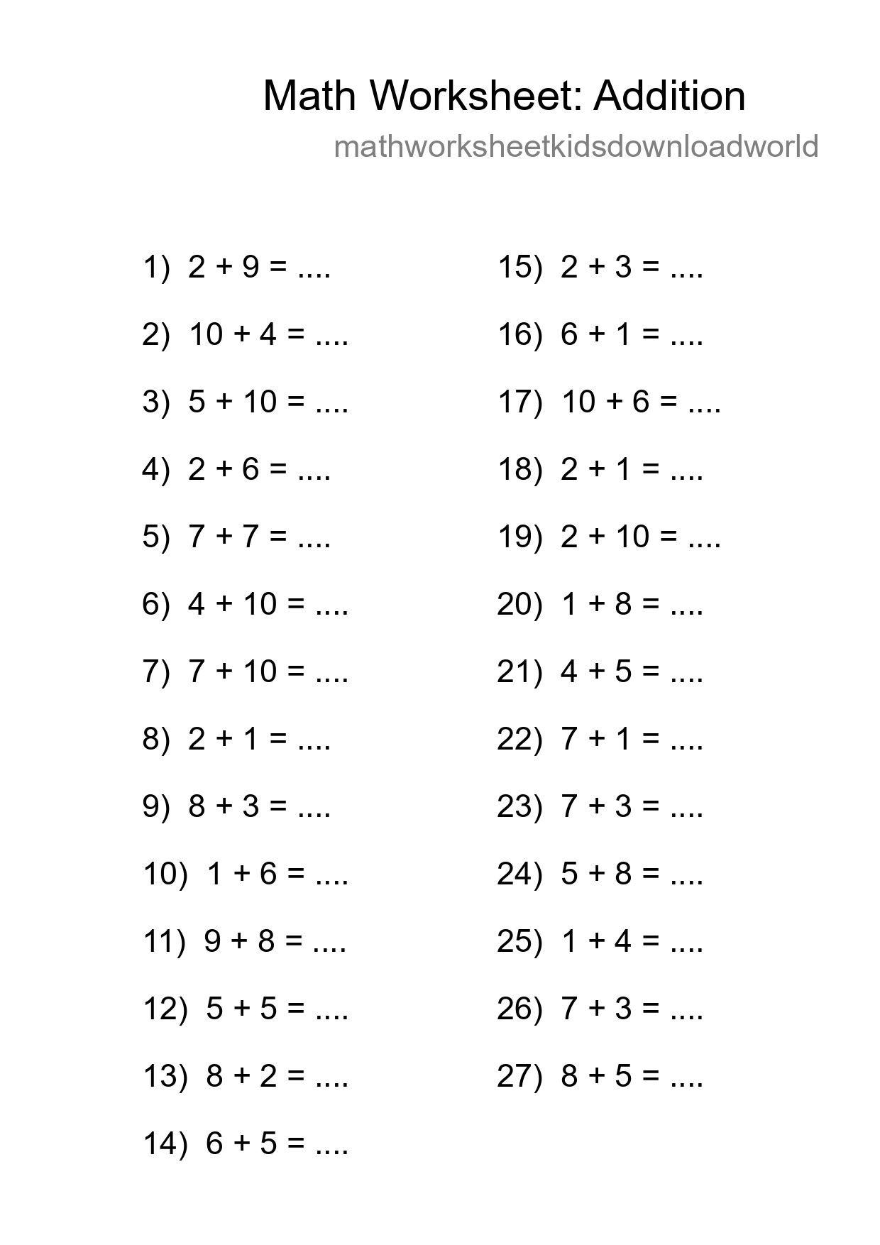 Free 27 Addition Math Worksheet For Grade 1 With Answers - Part 243