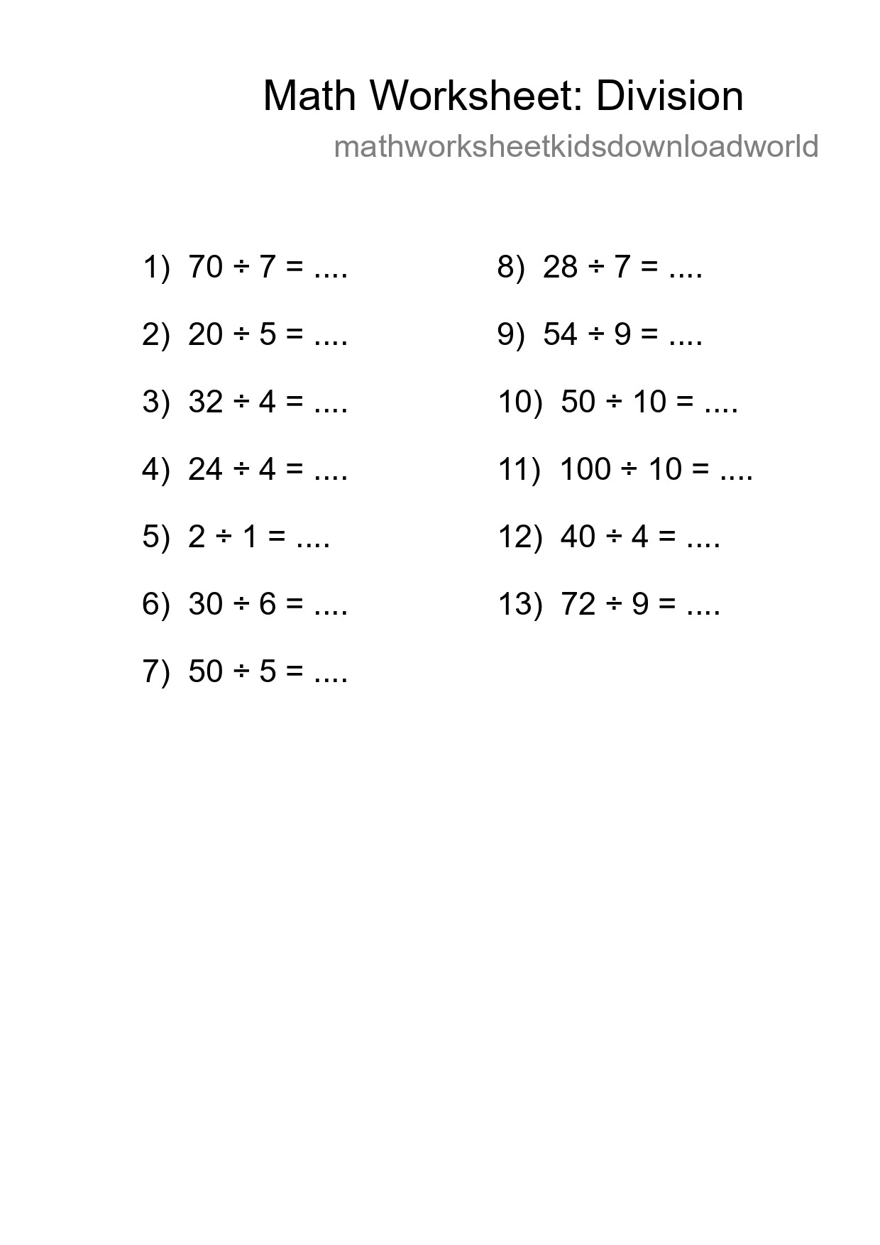 Grade 1 Division Practice Worksheet (13 Problems) - Part 136