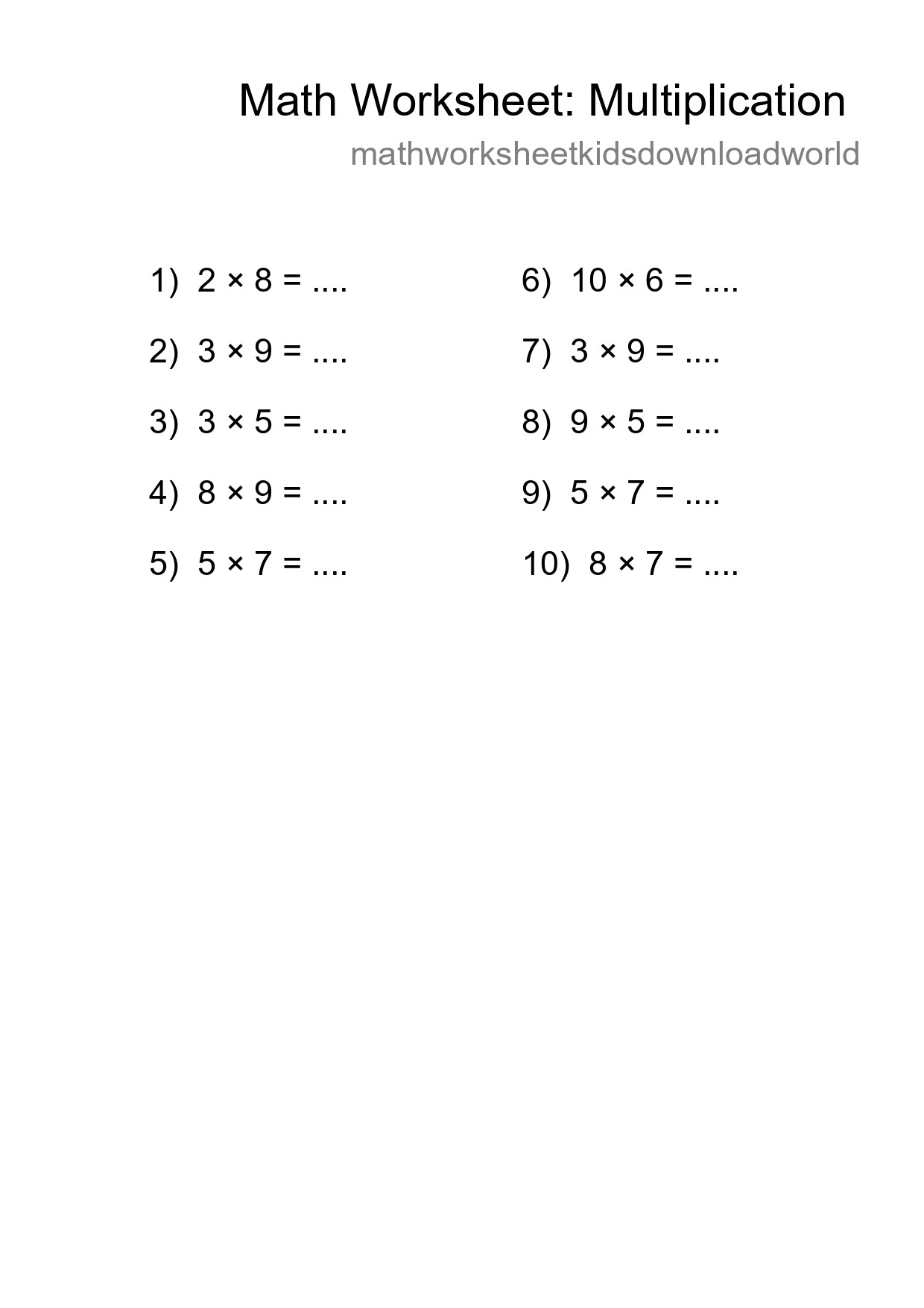 Grade 1 Multiplication Practice Worksheet (10 Problems) - Part 194