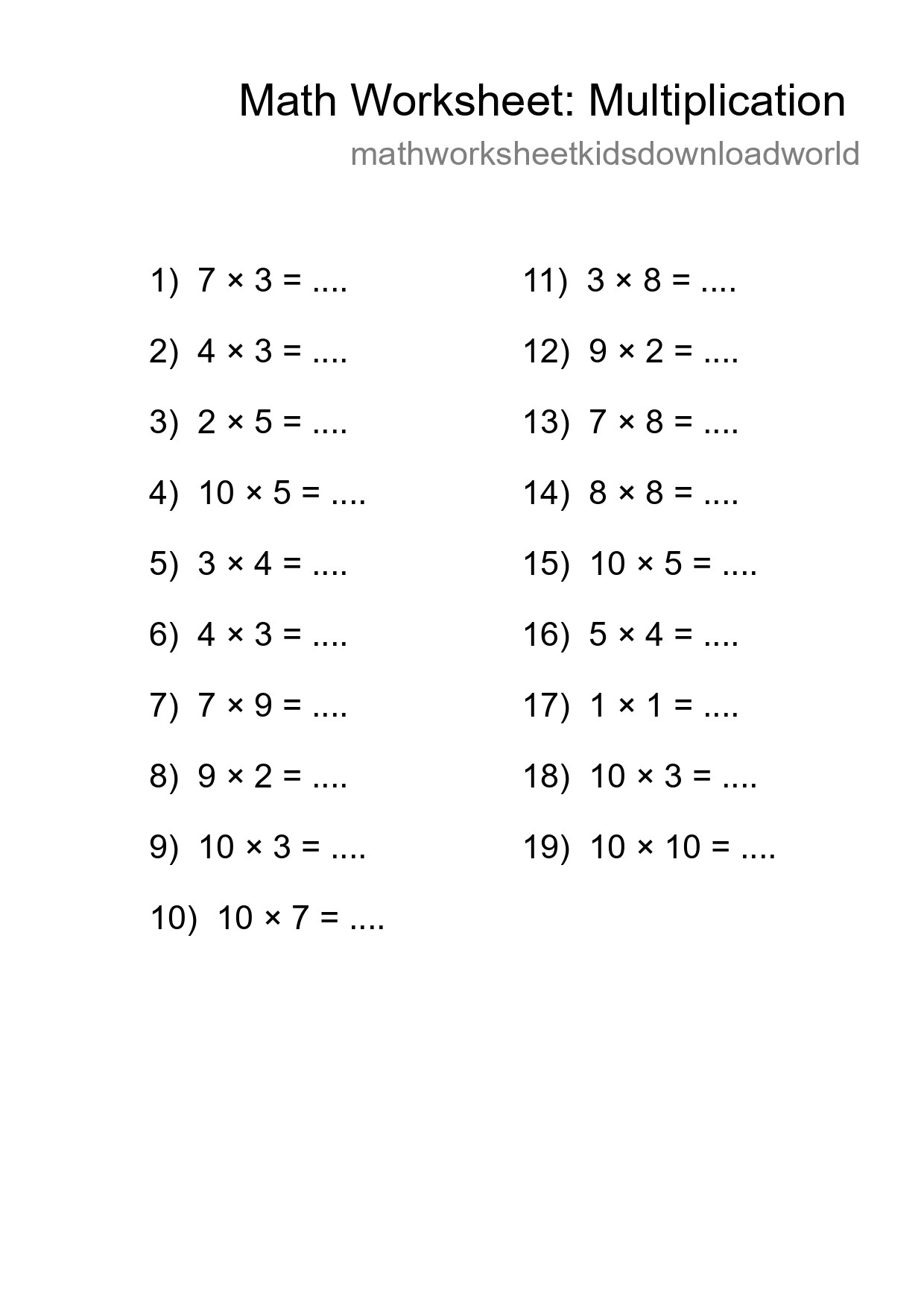 Grade 1 Multiplication Practice Worksheet (19 Problems) - Part 106