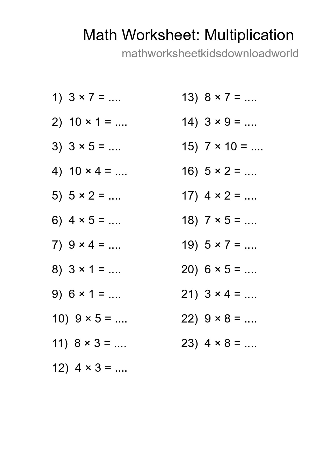 Grade 1 Multiplication Practice Worksheet (23 Problems) - Part 161