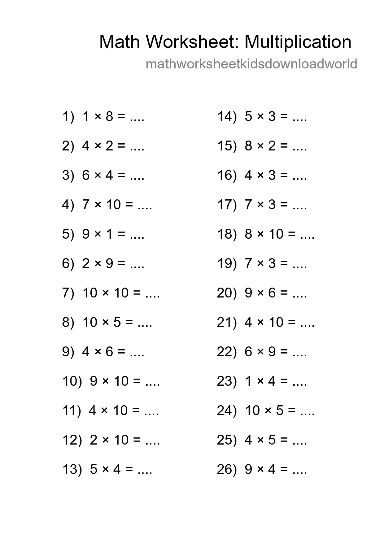 Grade 1 Multiplication Practice Worksheet (26 Problems) - Part 183