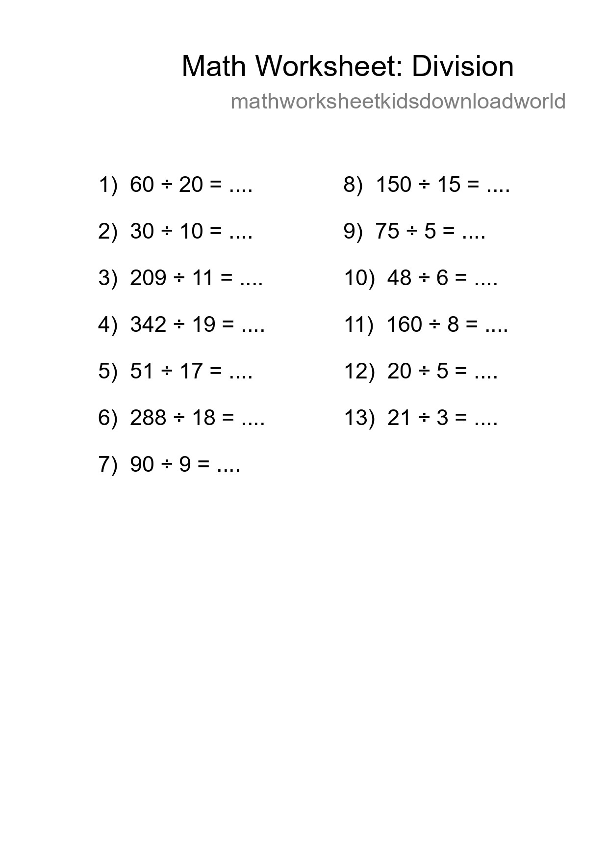 Grade 2 Division Practice Worksheet (13 Problems) - Part 147