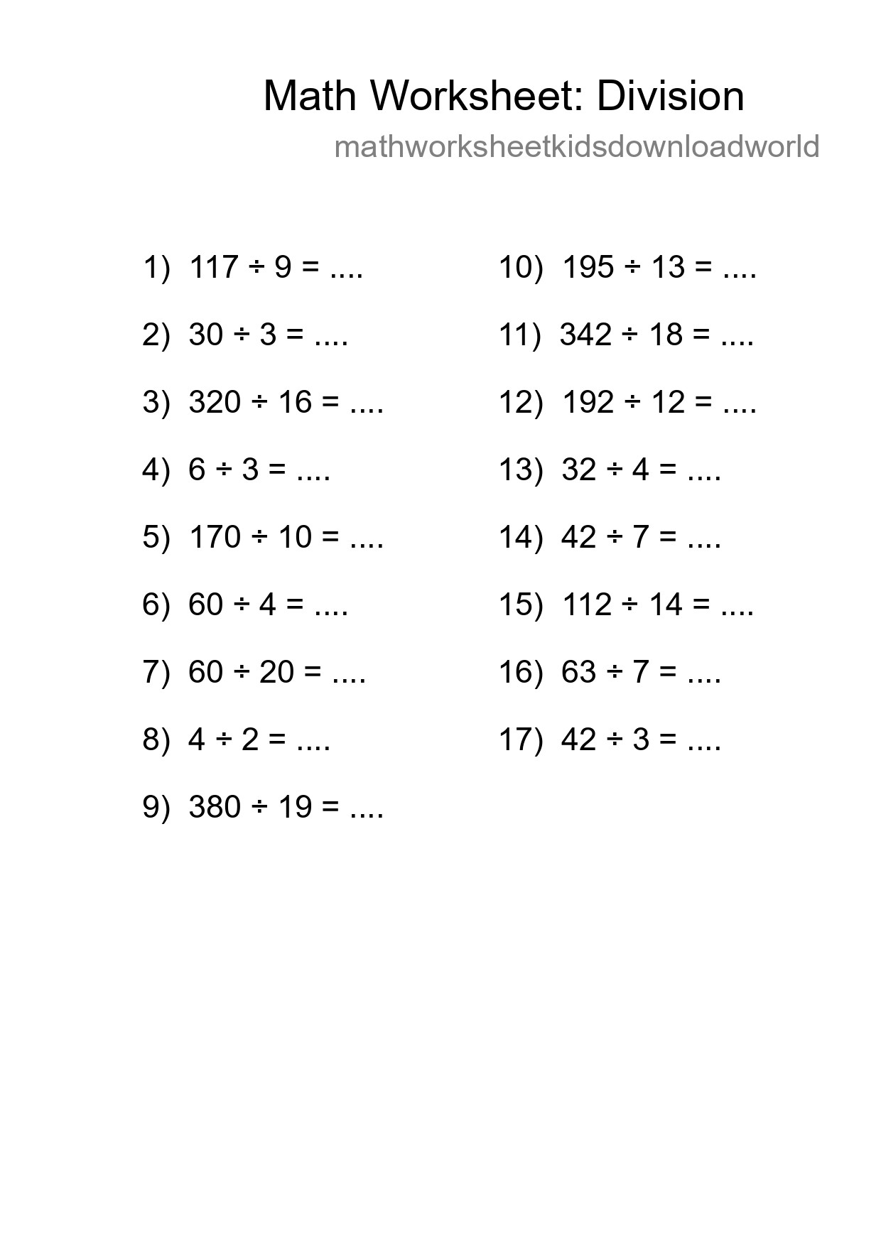 Grade 2 Division Practice Worksheet (17 Problems) - Part 213