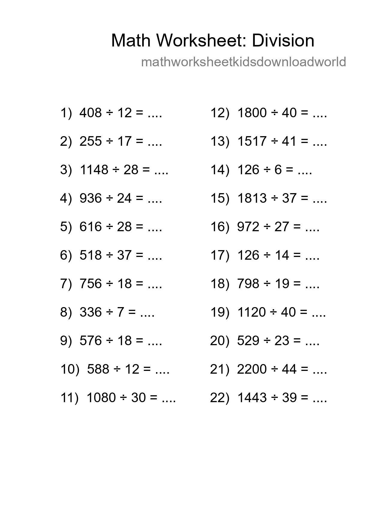 Grade 2 Division Practice Worksheet (22 Problems) - Part 180