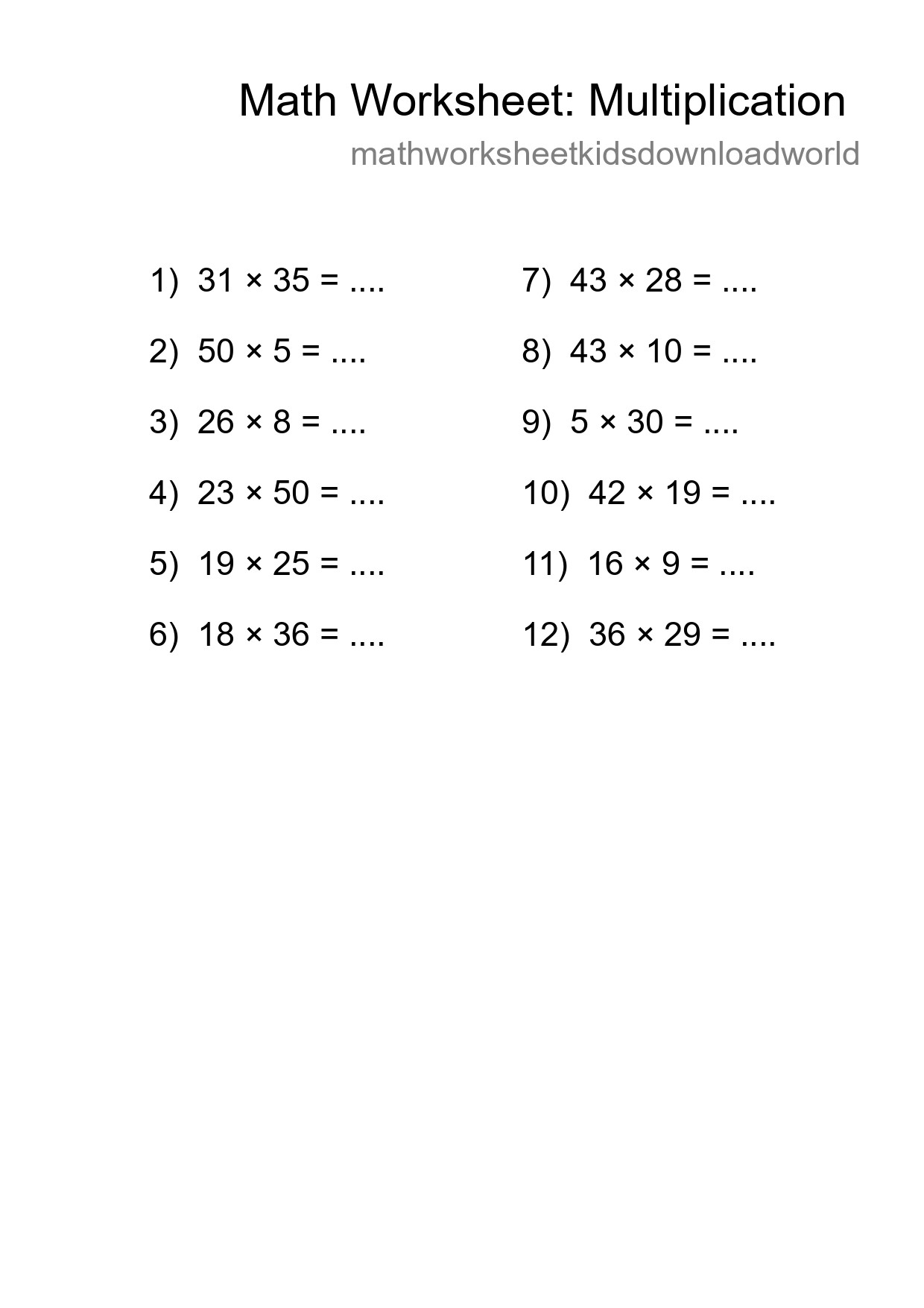 Grade 2 Multiplication Practice Worksheet (12 Problems) - Part 117