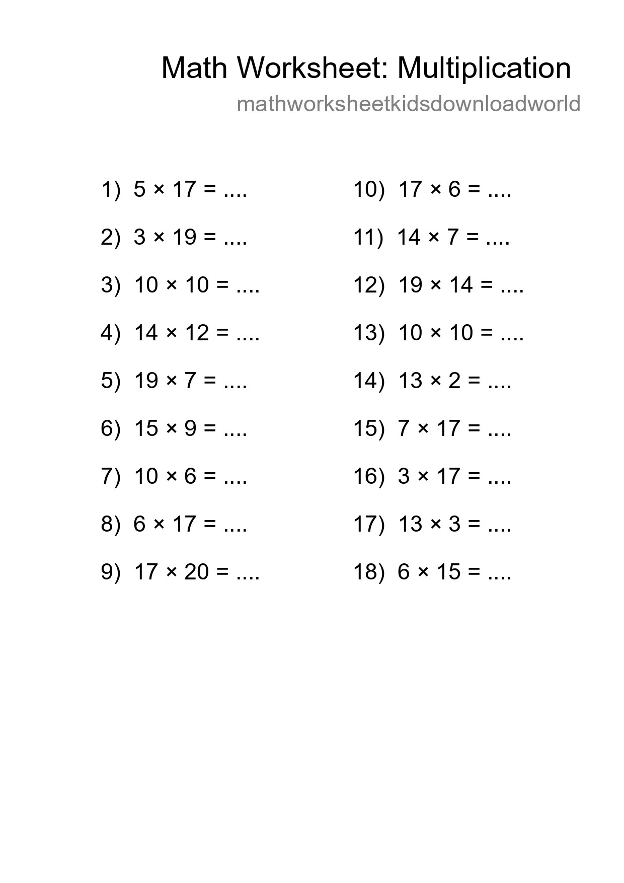 Grade 2 Multiplication Practice Worksheet (18 Problems) - Part 51