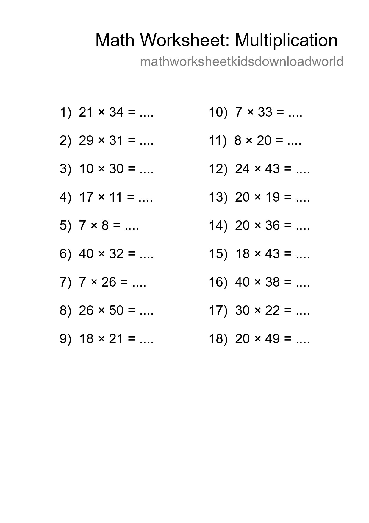 Grade 2 Multiplication Practice Worksheet (18 Problems) - Part 73