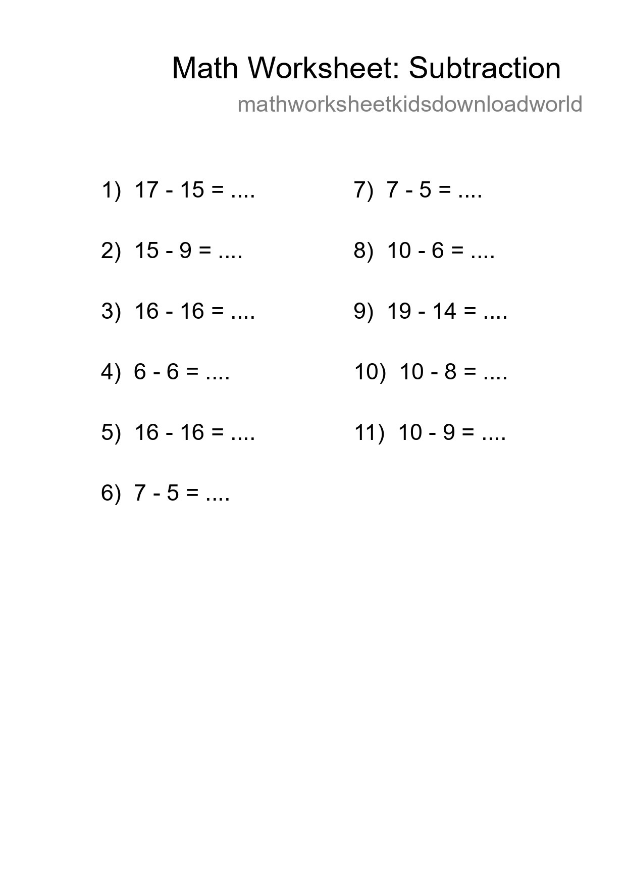 Grade 2 Subtraction Practice Worksheet (11 Problems) - Part 162