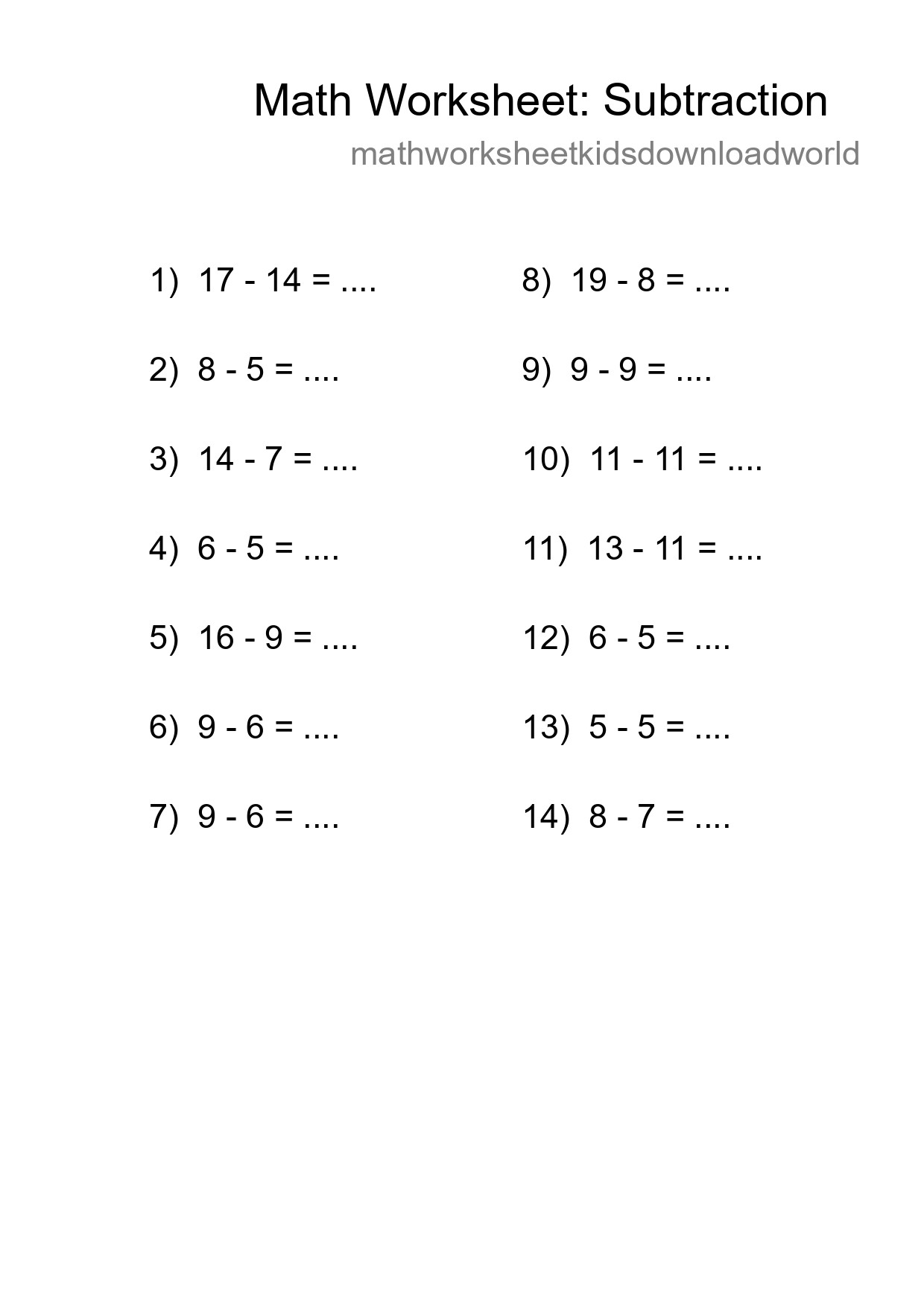 Grade 2 Subtraction Practice Worksheet (14 Problems) - Part 206