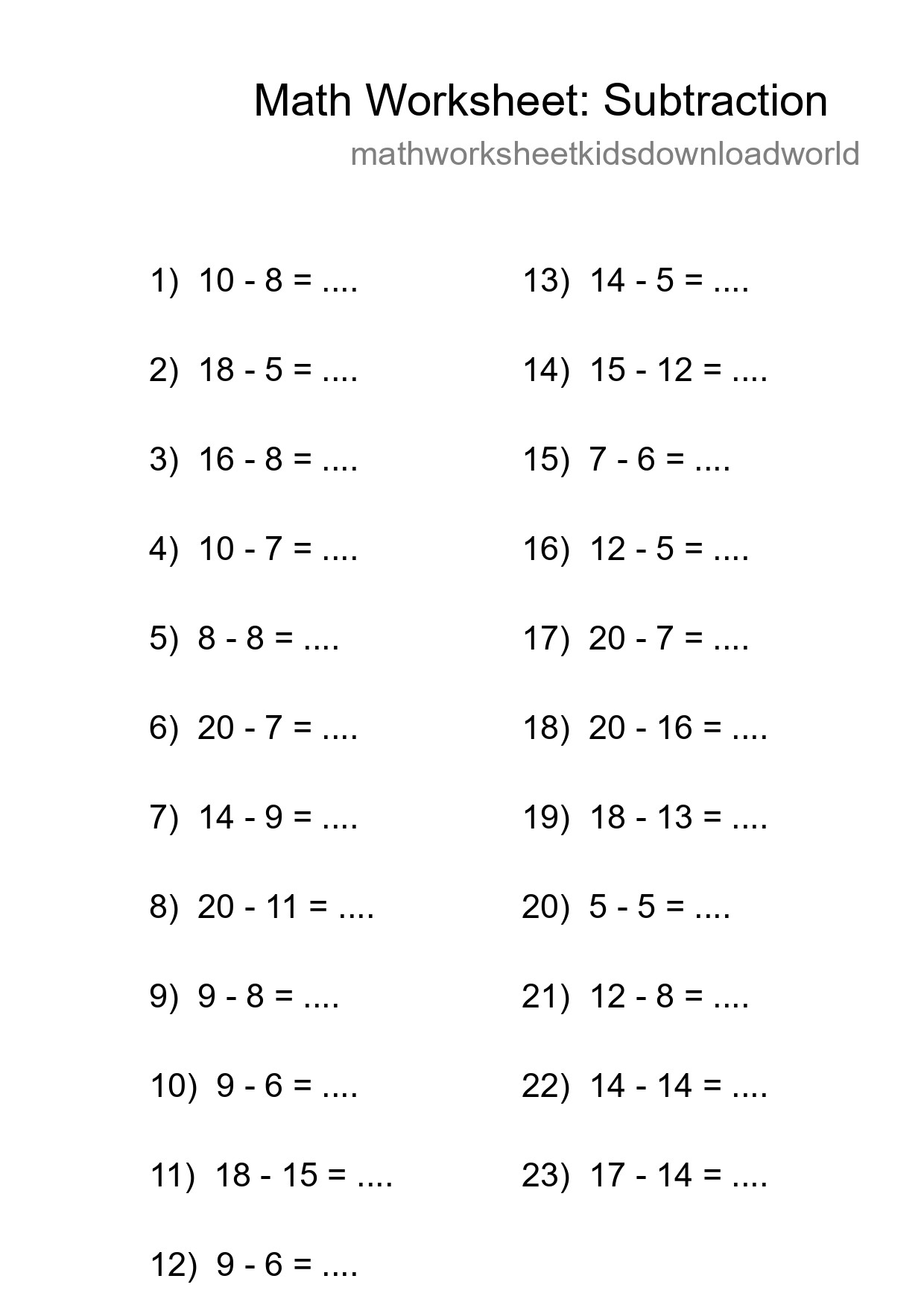 Grade 2 Subtraction Practice Worksheet (23 Problems) - Part 140