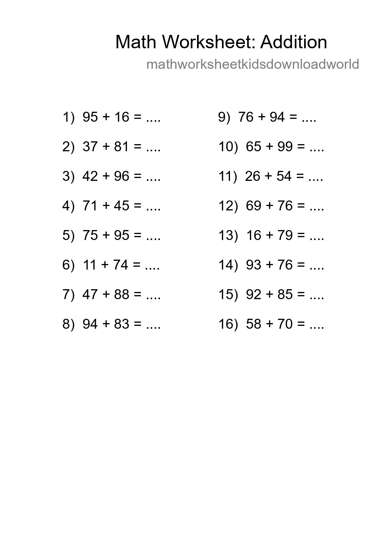 Grade 3 Addition Practice Worksheet (16 Problems) - Part 177