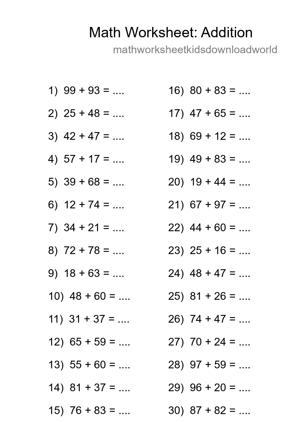 Grade 3 Addition Practice Worksheet (30 Problems) - Part 56