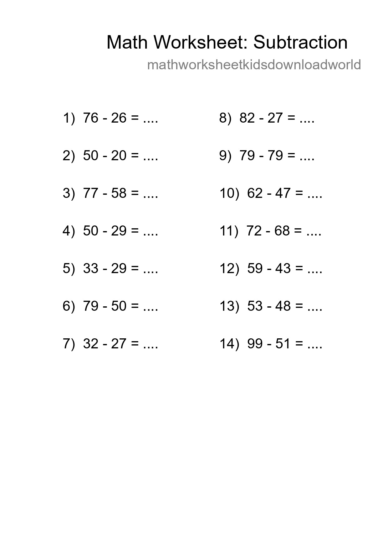 Grade 3 Subtraction Practice Worksheet (14 Problems) - Part 107