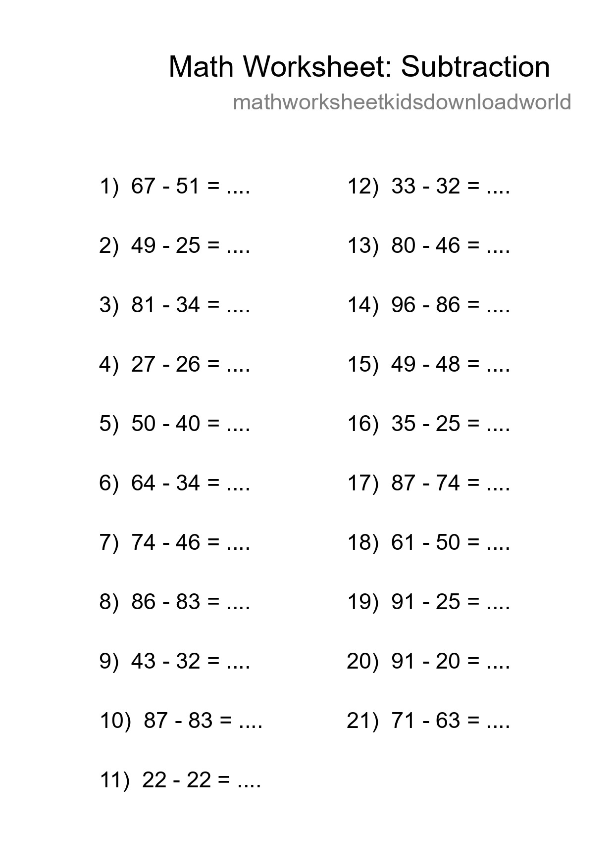 Grade 3 Subtraction Practice Worksheet (21 Problems) - Part 228