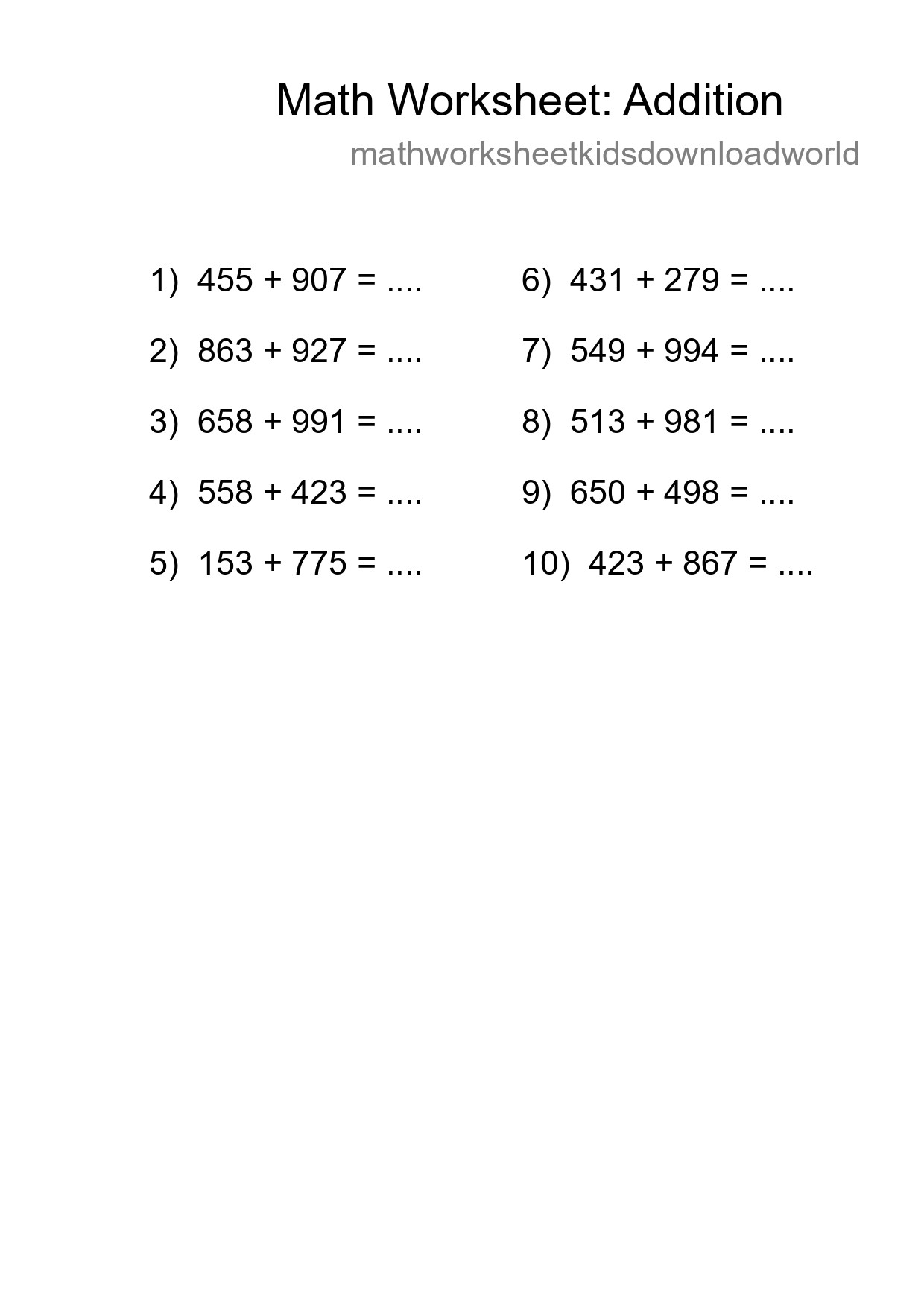 Grade 5 Addition Practice Worksheet (10 Problems) - Part 144