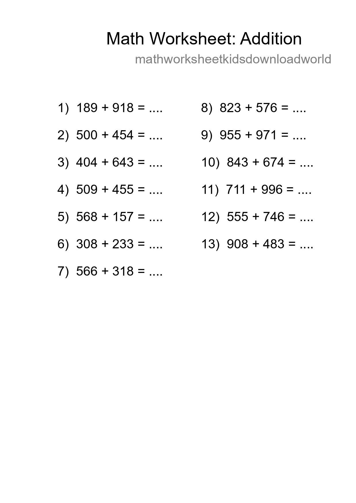Grade 5 Addition Practice Worksheet (13 Problems) - Part 133