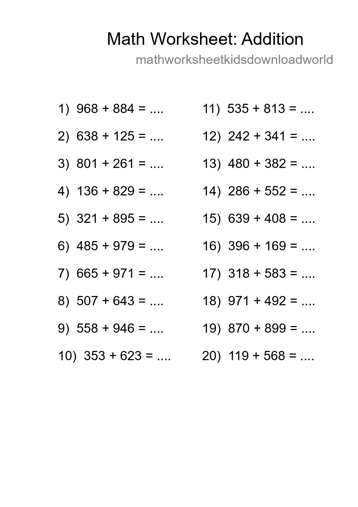 Grade 5 Addition Practice Worksheet (20 Problems) - Part 210