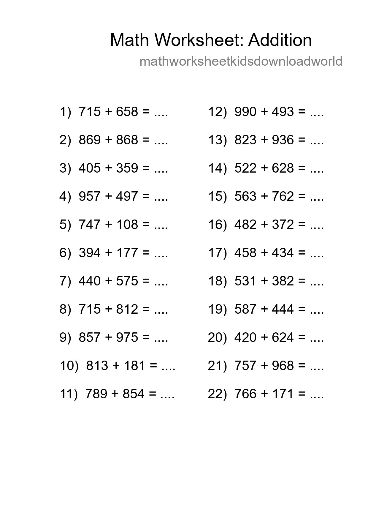 Grade 5 Addition Practice Worksheet (22 Problems) - Part 89