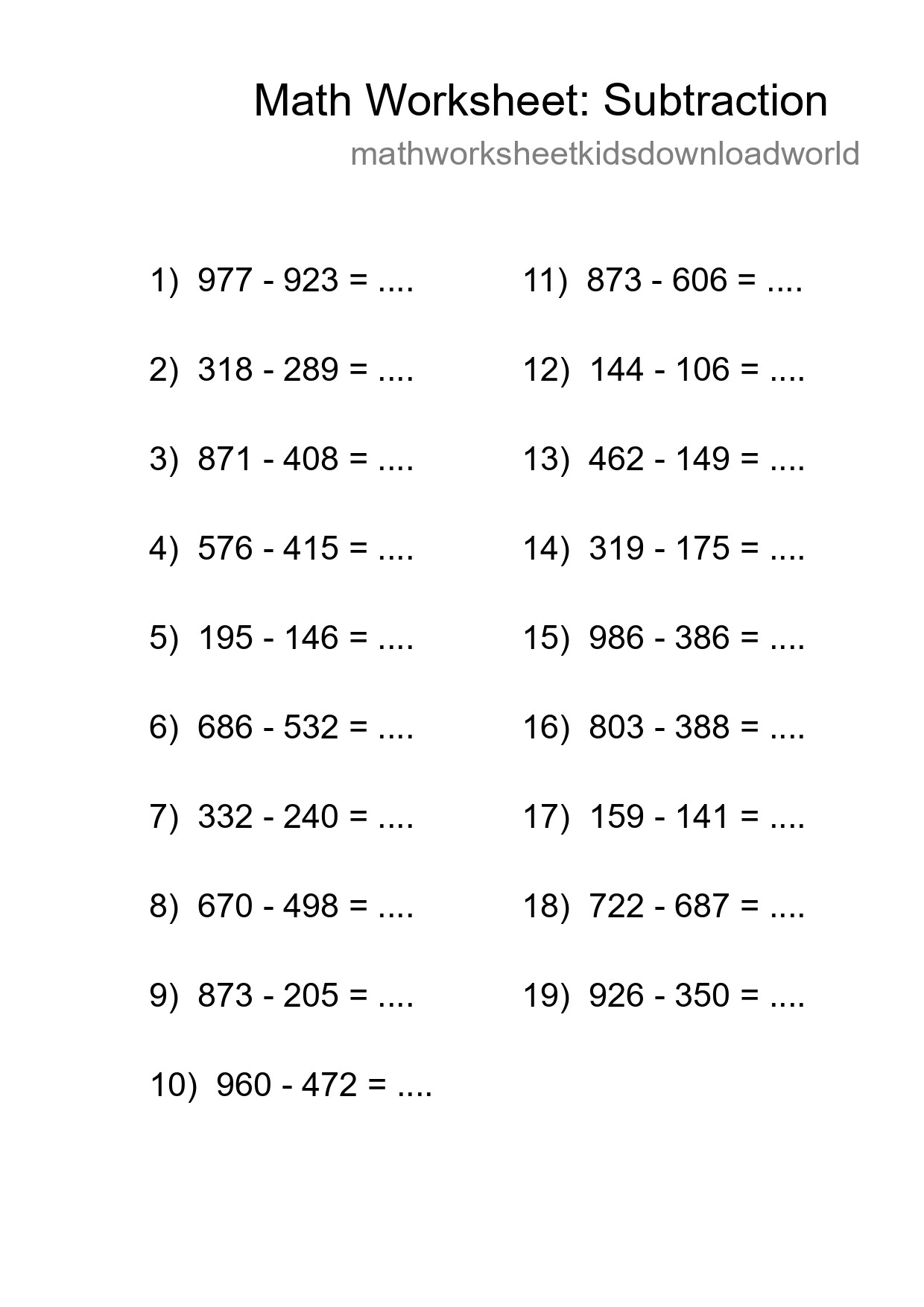 Grade 5 Subtraction Practice Worksheet (19 Problems) - Part 250