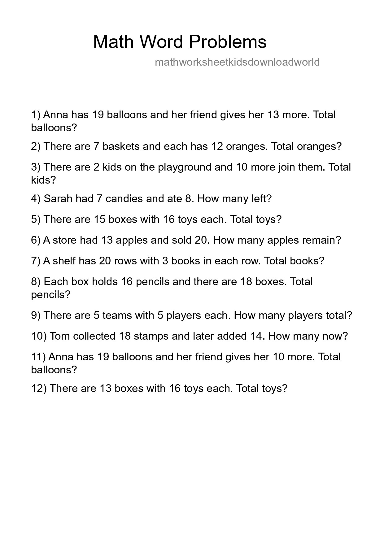 Math Word Problem Worksheet