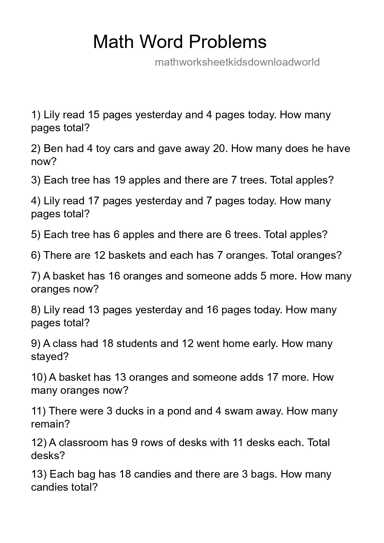 Math Word Problem Worksheet