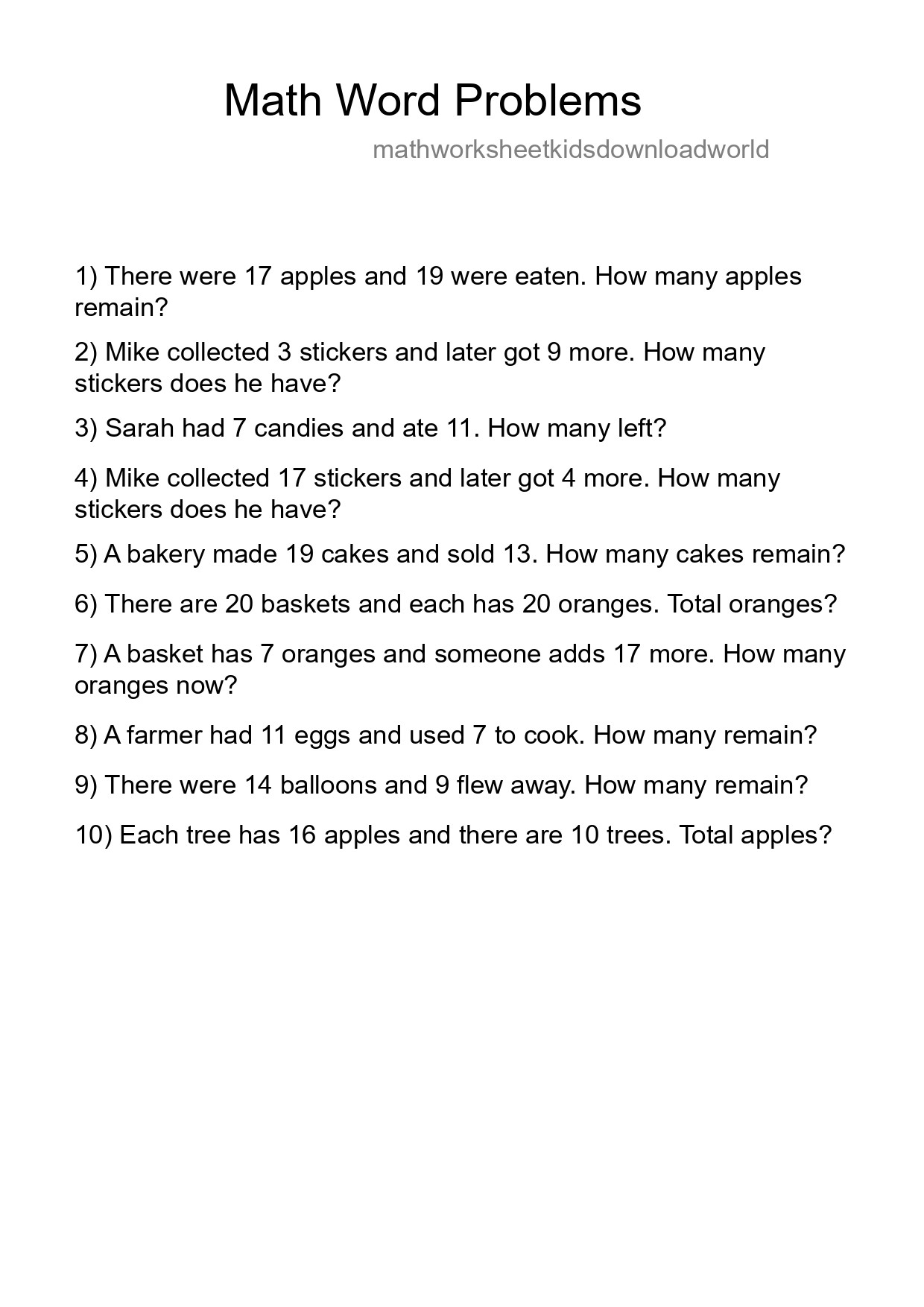 Math Word Problem Worksheet