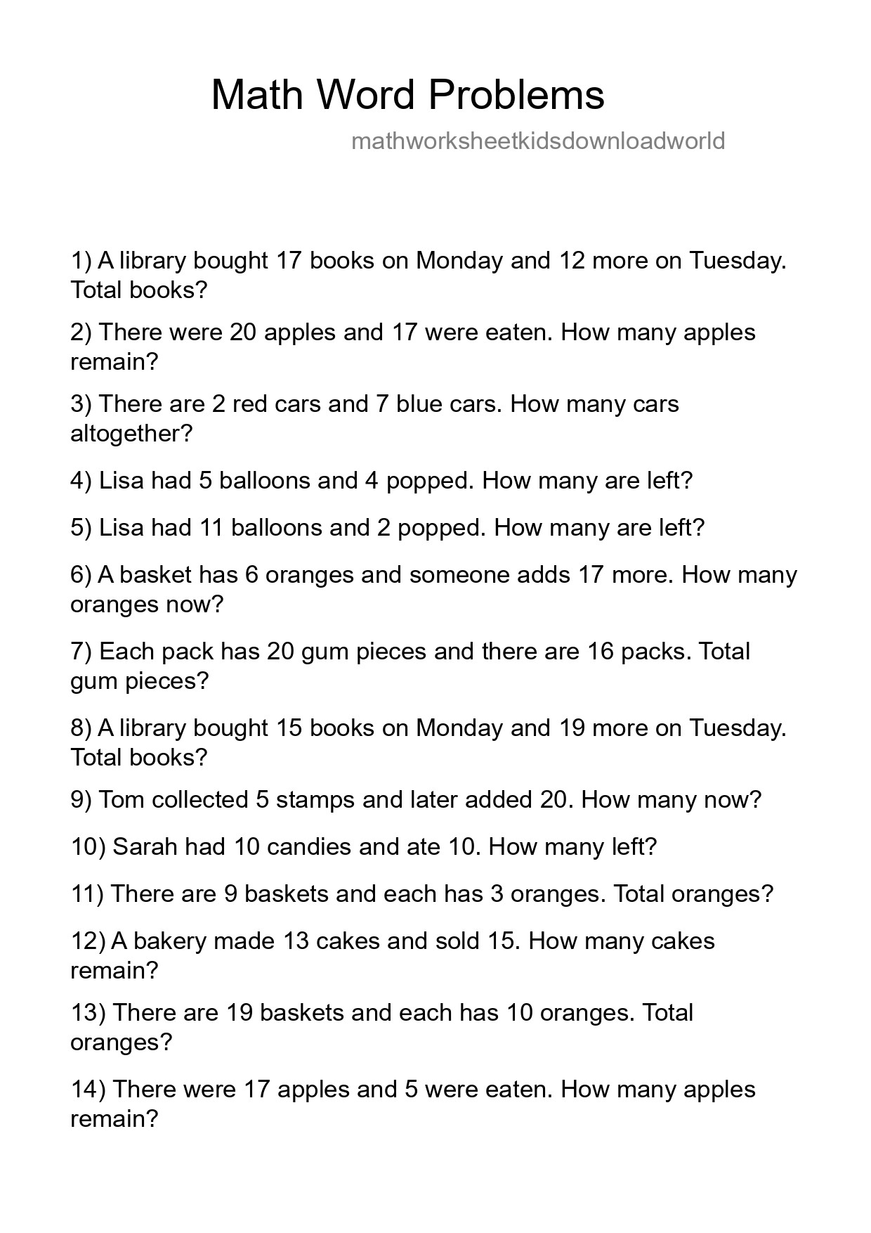Math Word Problem Worksheet