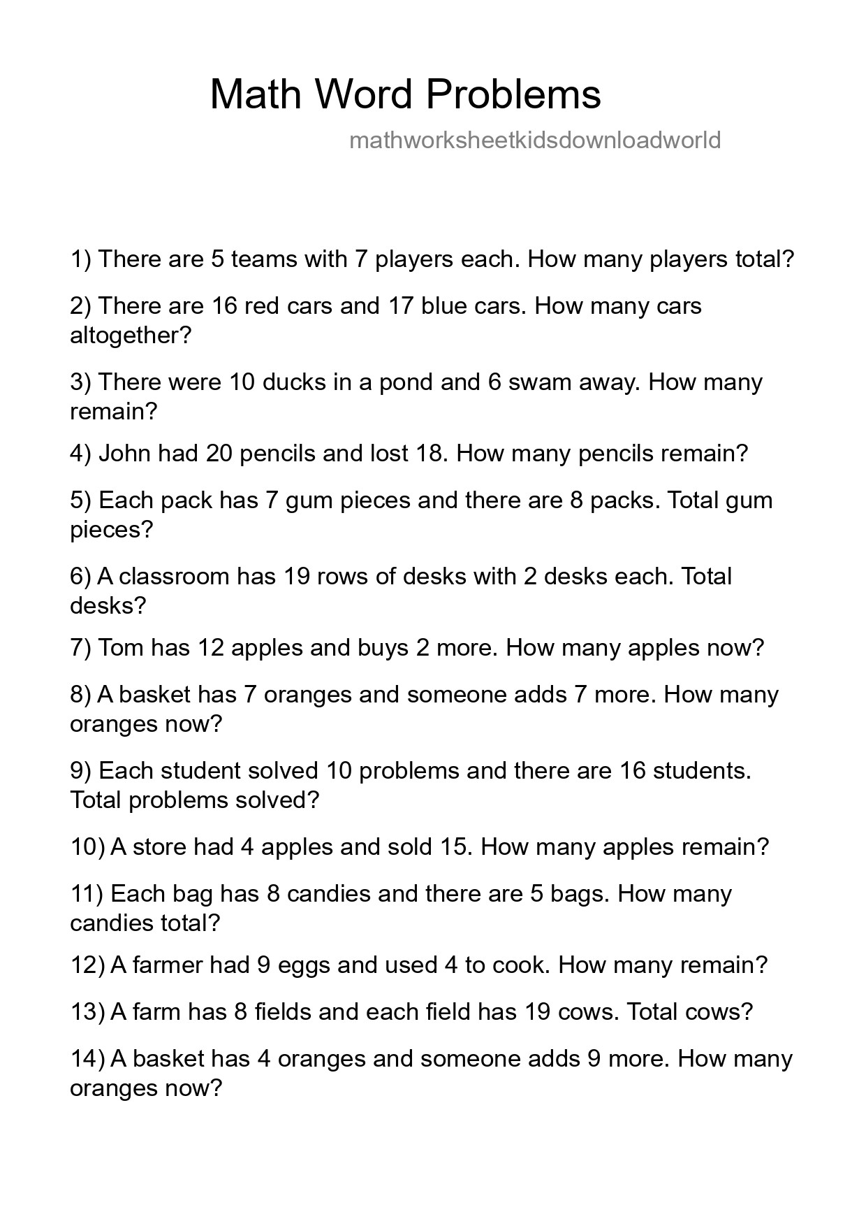 Math Word Problem Worksheet