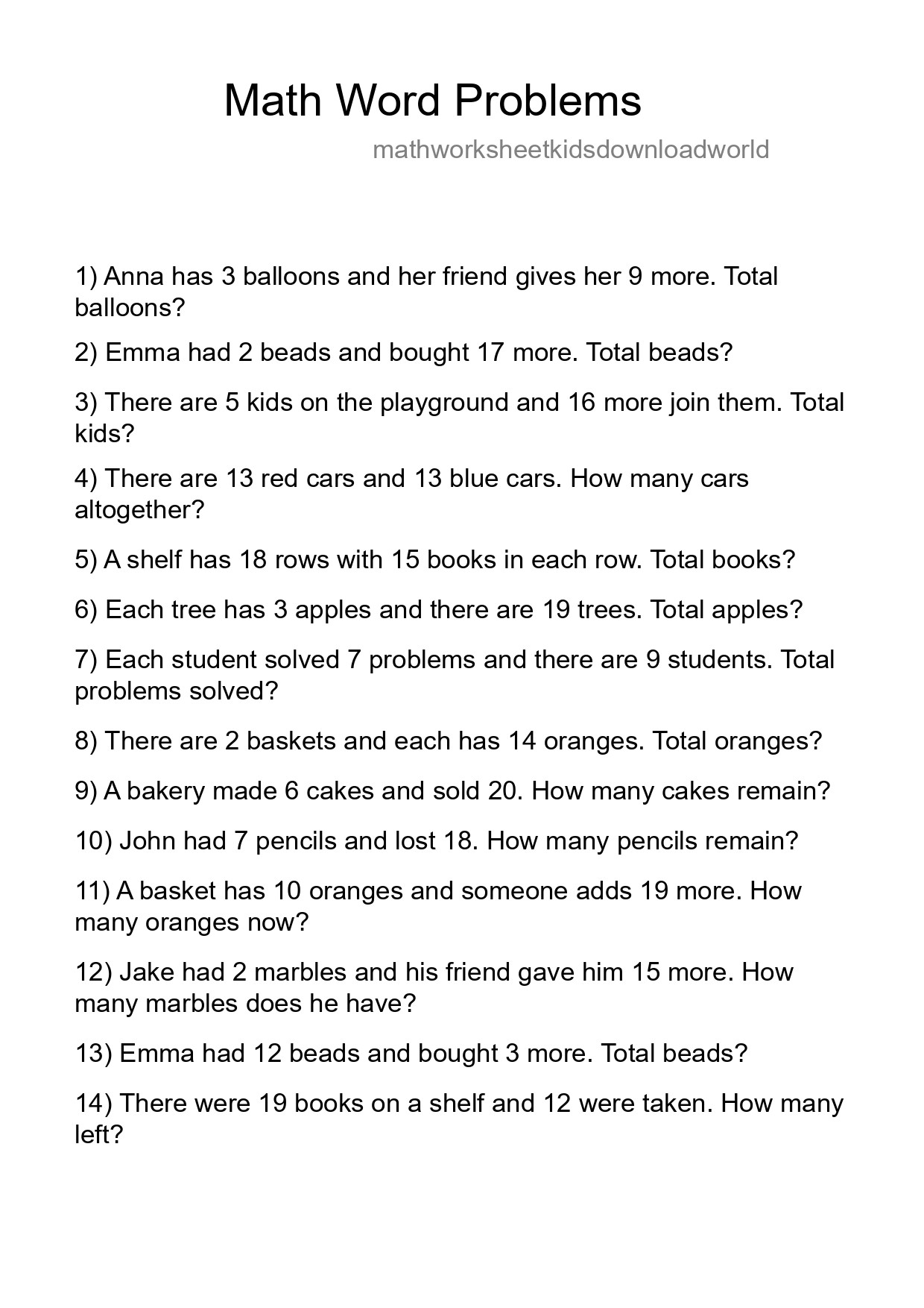 Math Word Problem Worksheet