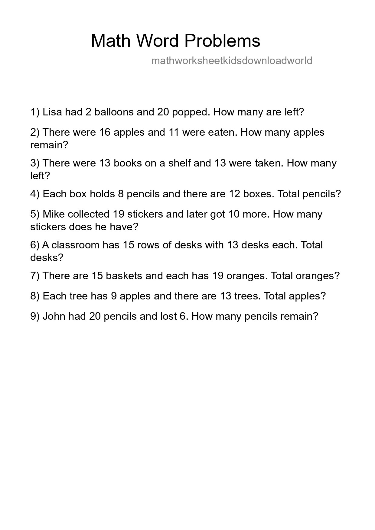 Math Word Problem Worksheet