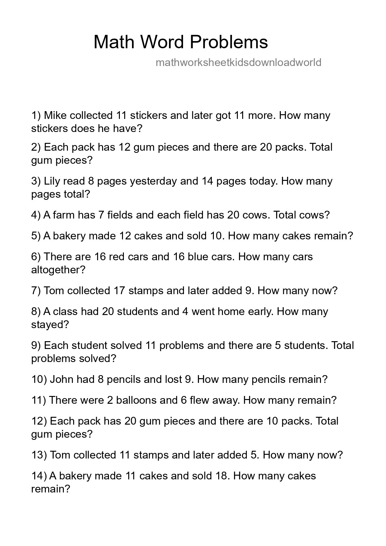 Math Word Problem Worksheet