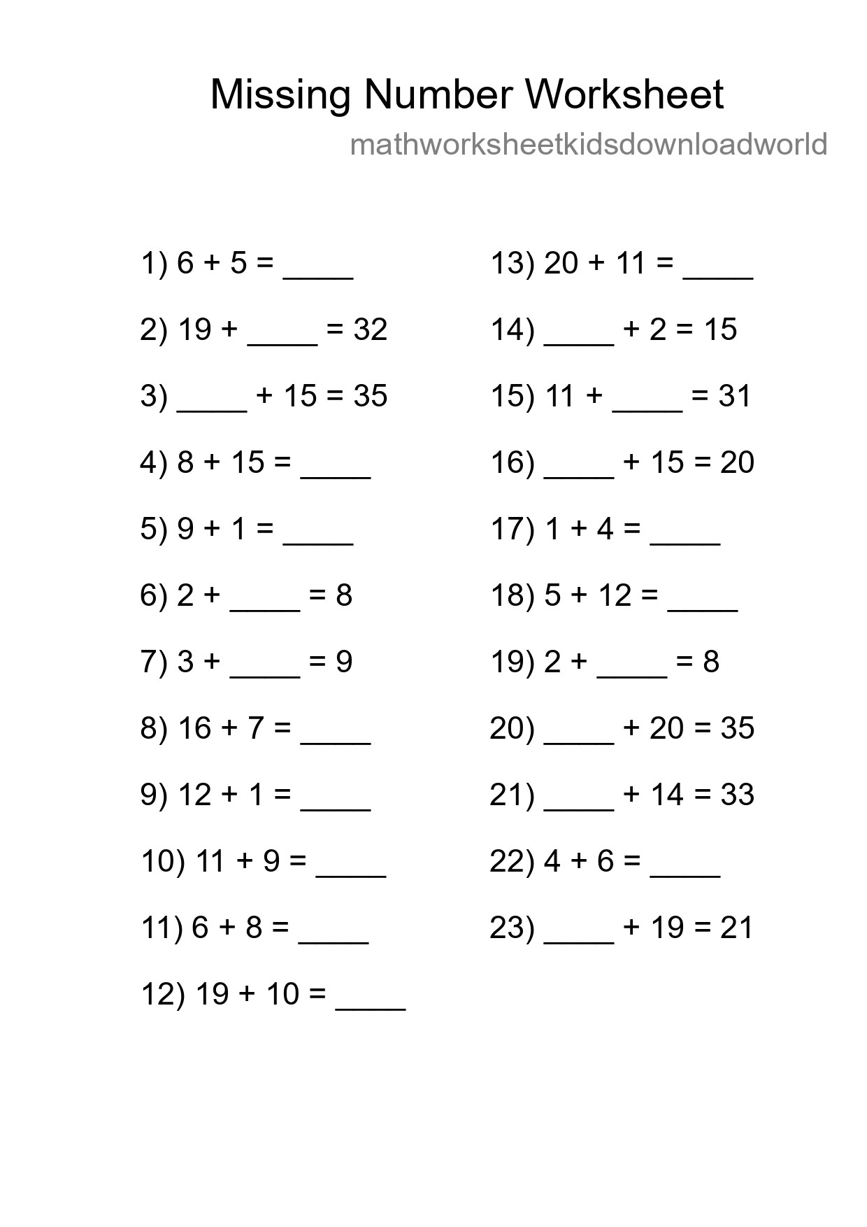 Missing Number Math Worksheet