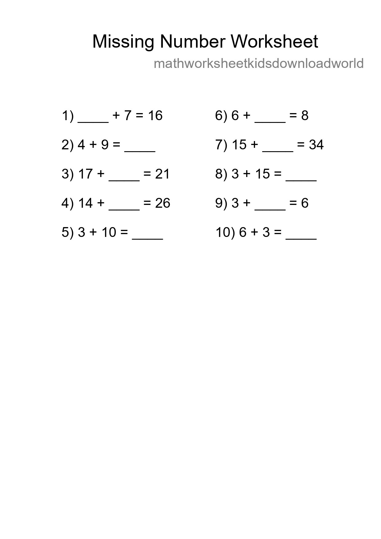 Missing Number Math Worksheet