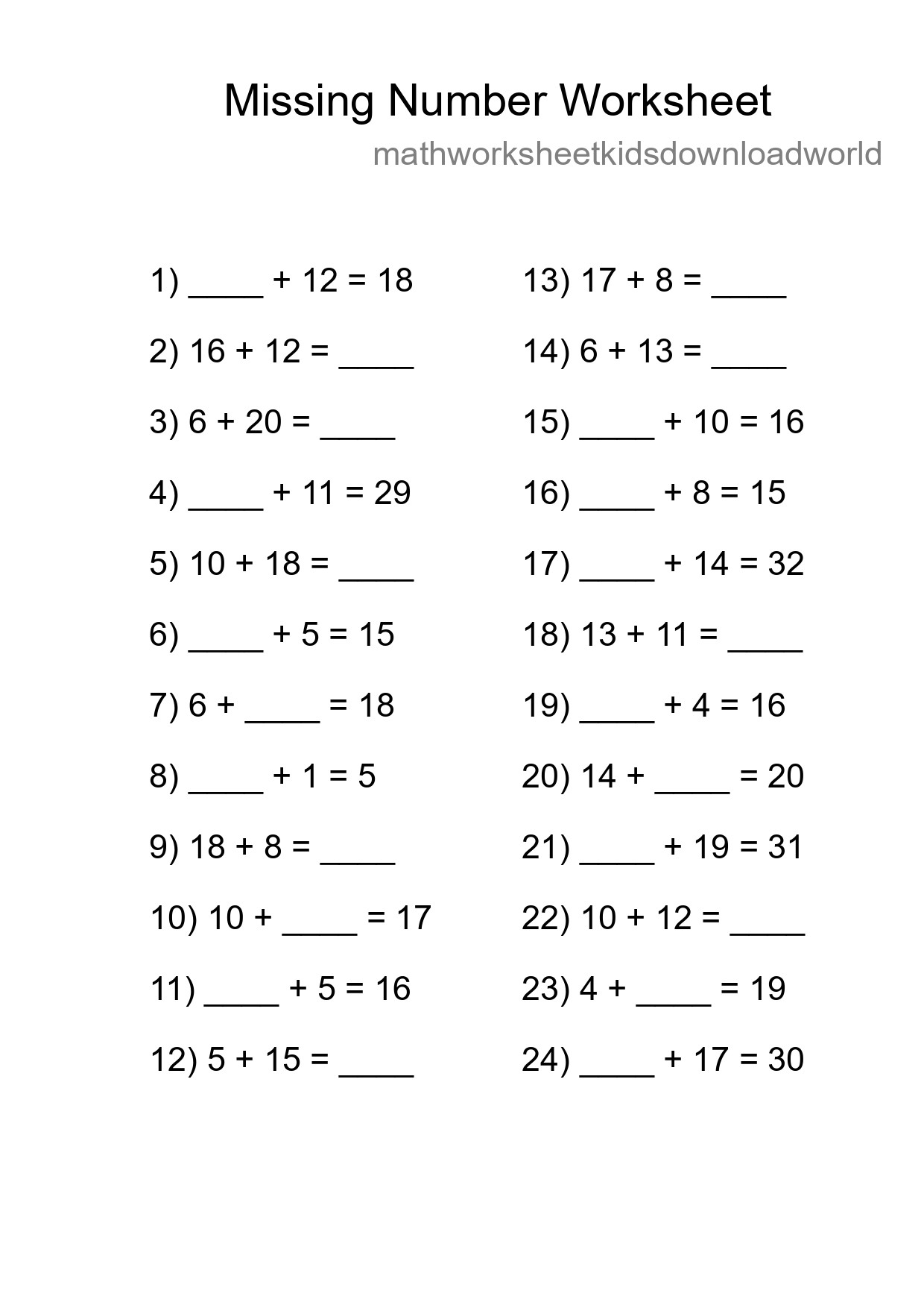 Missing Number Math Worksheet