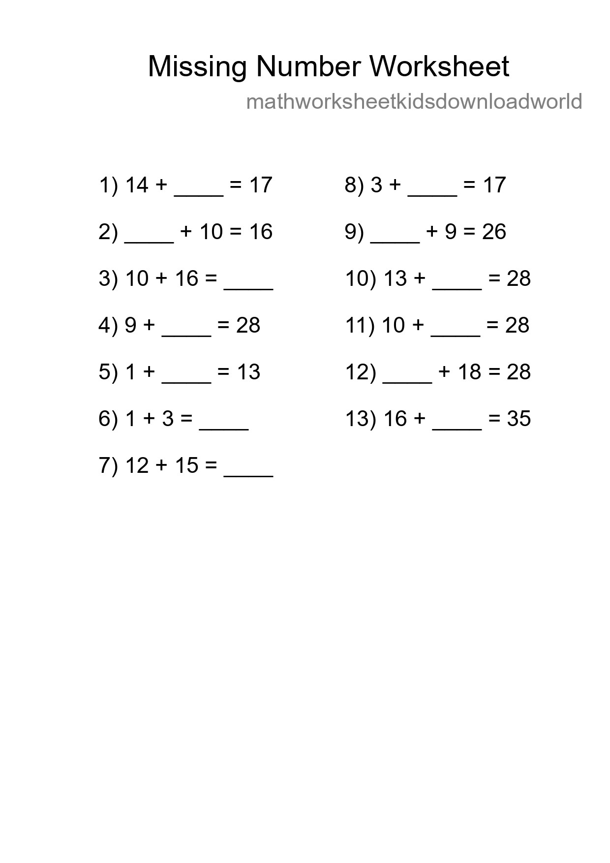 Missing Number Math Worksheet