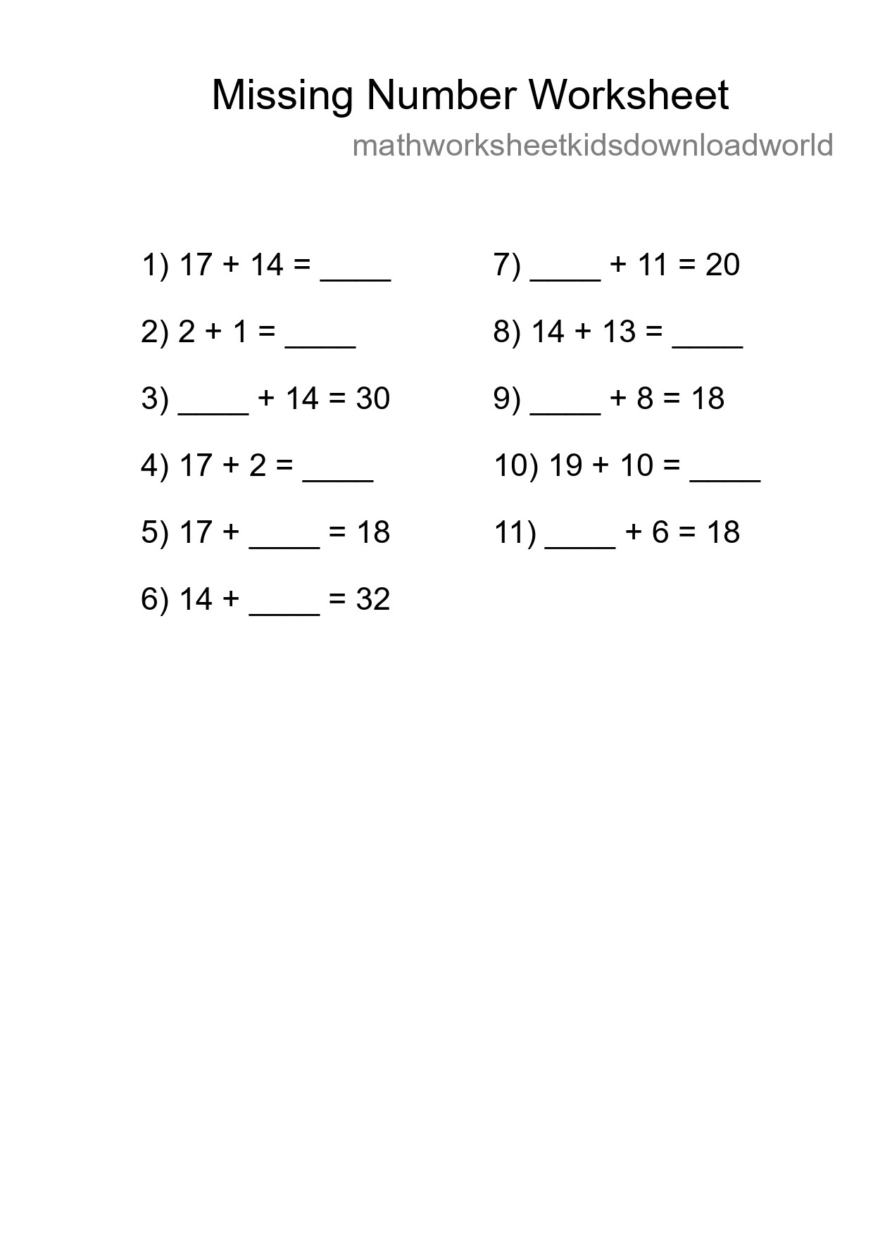 Missing Number Math Worksheet